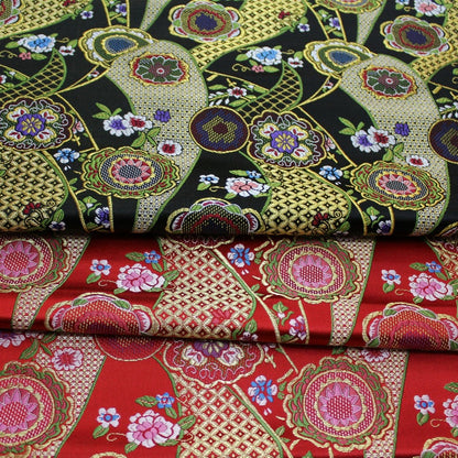 Nishijin Japanese Floral Jacquard Brocade Fabric: Black and Red Silk Rayon Blend (29.5" Width)
