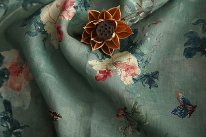 Tissu ramie imprimé floral : matériau de couture de style asiatique, 145 cm de large