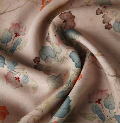 Floral Ramie Fabric: Dunhuang Ink Print, Natural Fiber, 57" Wide