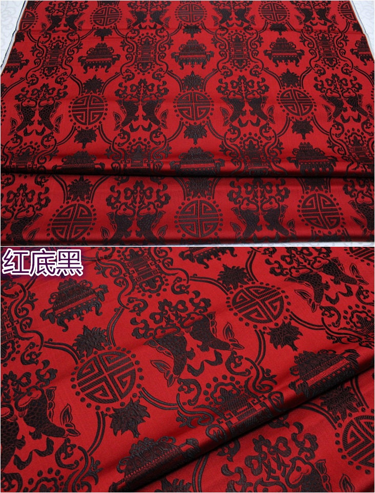 Brocart rouge chinois : motif double poisson Poissons