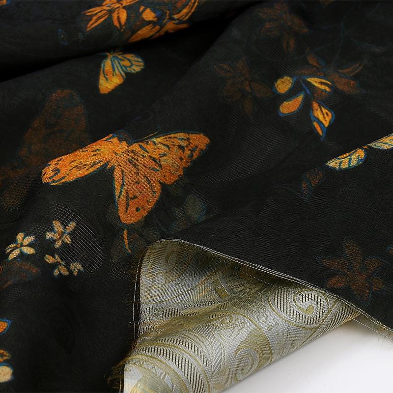 Black Base Butterfly Print Lustrous Rayon Silk Jacquard Fabric - 59" Wide