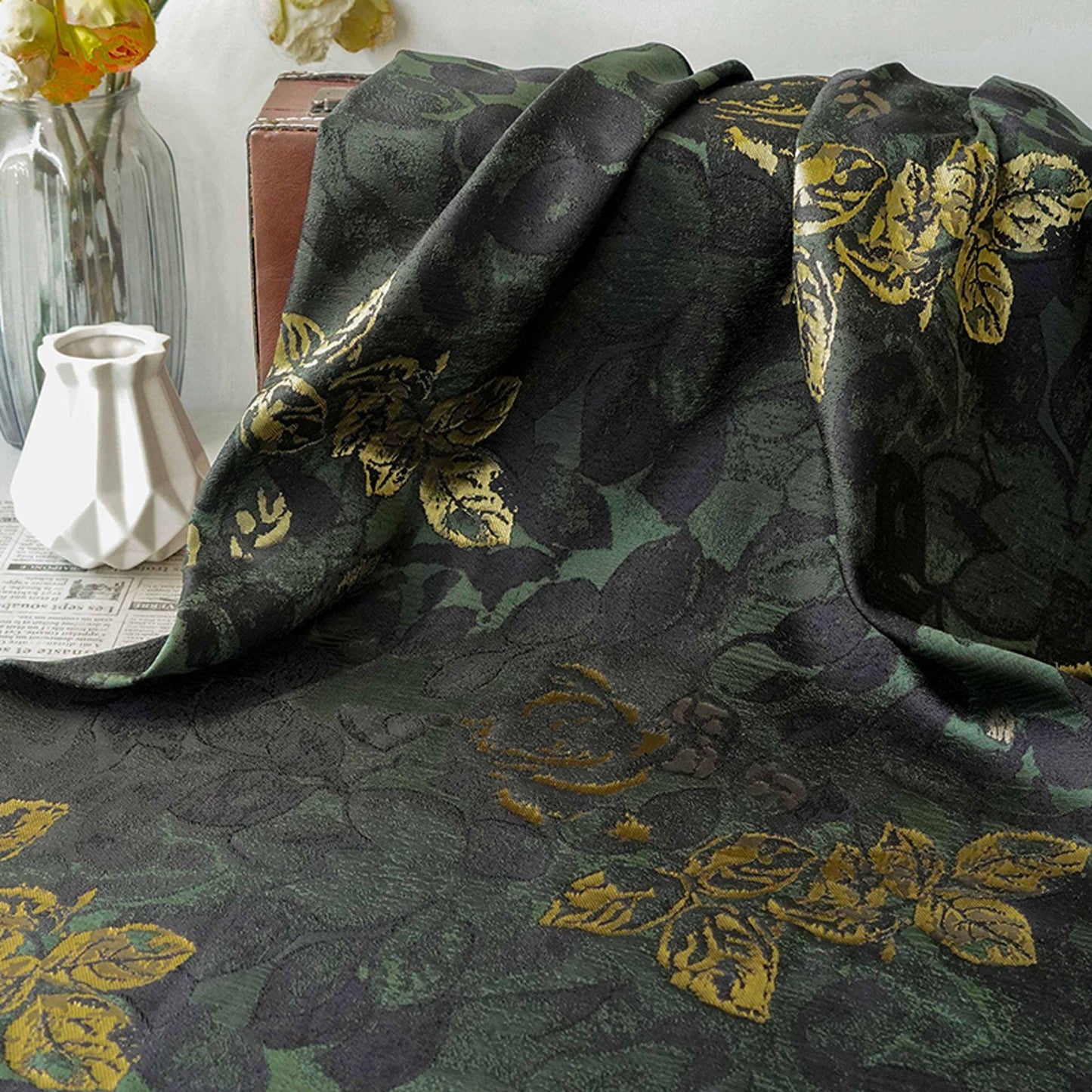 Green Jacquard Woven Fabric: 3D Gold Thread Embossed Texture, 61"W - Upholstery & Costume