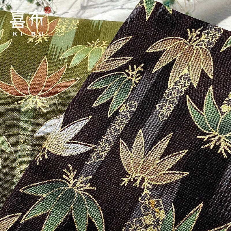 Japanese Foliage Cotton Fabric: Hot-Stamping Kimono Sewing Material, 57"W