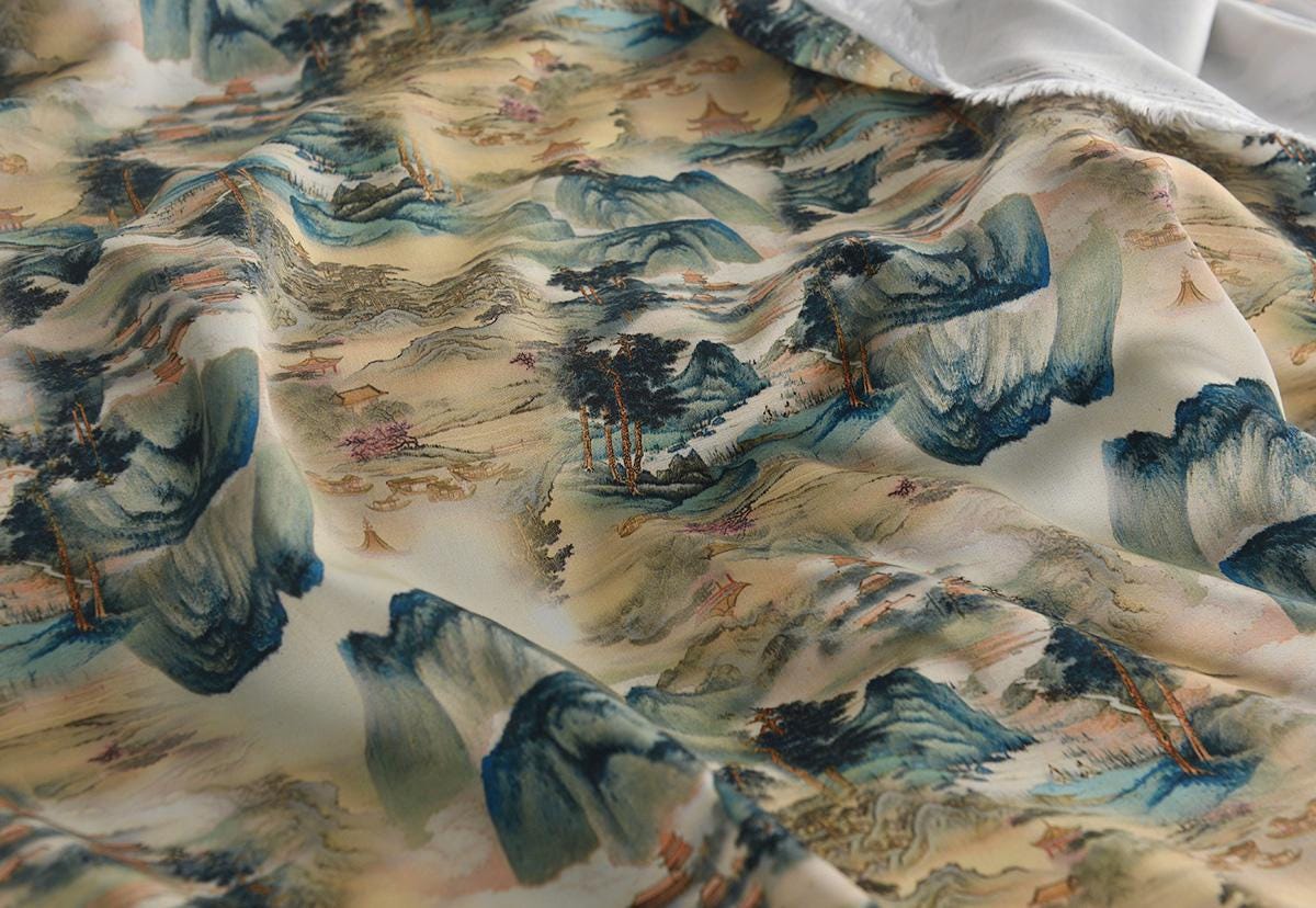 Tissu en coton à motif de peinture à l'encre de Chine : paysage ancien, 140 cm de large