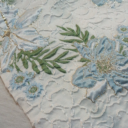 Tissu jacquard à motifs floraux : fil bleu, vert et or, largeur 142 cm, décoration de costumes