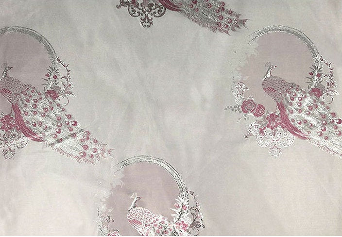 Metallic Damask Satin Fabric: 3D Peacock Jacquard, 56"W