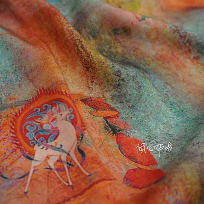 Nine-Color Deer Cotton Fabric: Dunhuang Style Upholstery, Costume, Scarf (57"W)