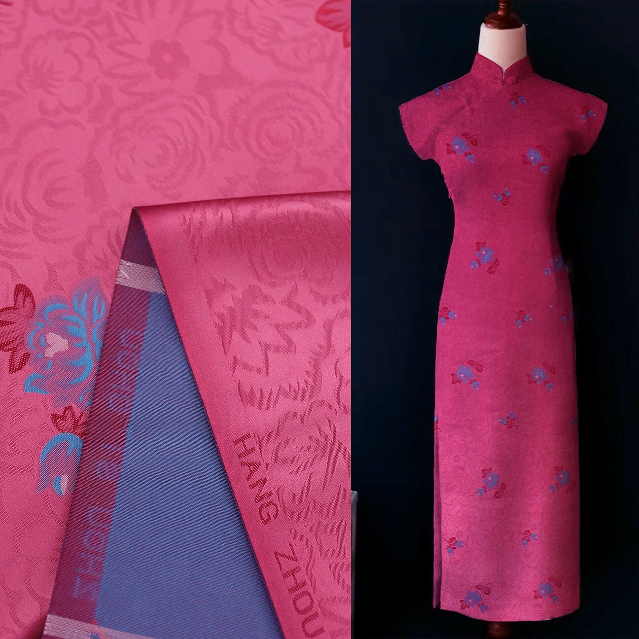 Tissu brocart de nylon à roses rouges : confection de robes Cheongsam, matelassage – au mètre