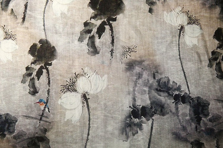 Floral Ramie Fabric: Gray Ancient Ink Painting, 57" Wide