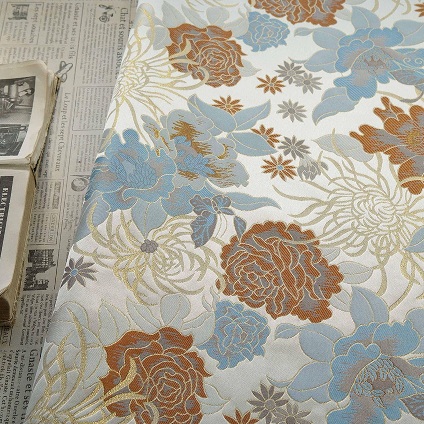 Floral Jacquard Fabric, Gold Thread Brocade, Luxury Upholstery (59"W)