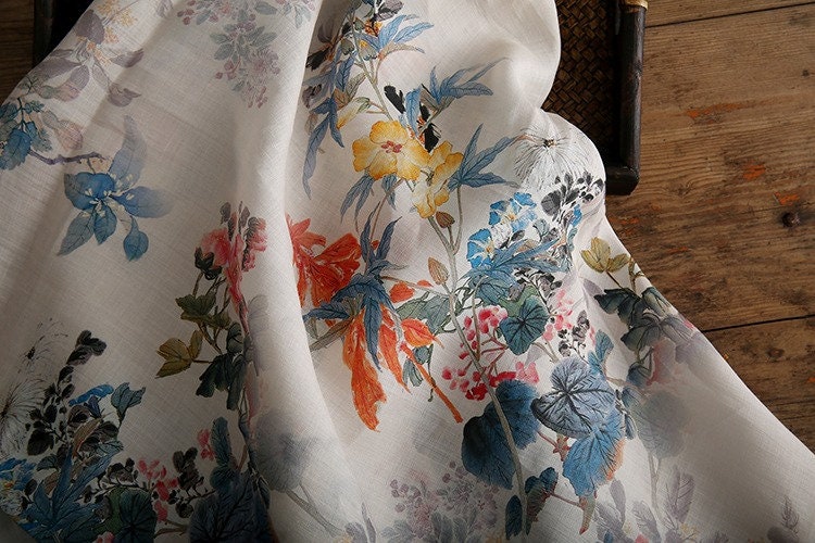 Floral Ramie Fabric: Ancient Ink Painting Print, 57" Wide