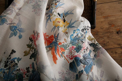 Floral Ramie Fabric: Ancient Ink Painting Print, 57" Wide