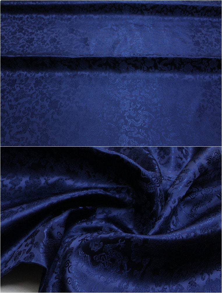 Tissu brocart bleu marine à motif dragon : mélange soie-rayonne, largeur 89 cm (35 po) - Vendu au mètre