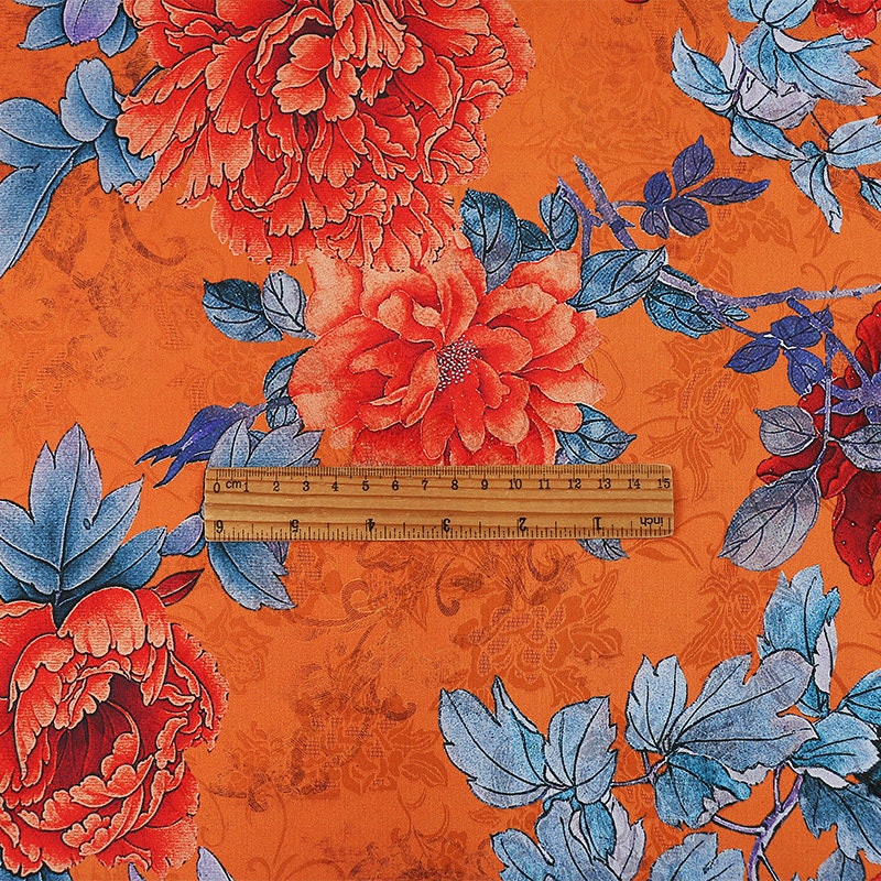 Blooming Tea Satin Silk Fabric: 59"W Floral Print Sewing Material