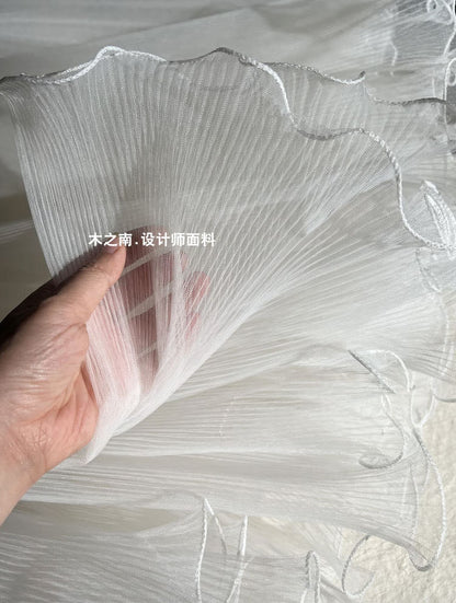 White Pleated Ruffle Organza Fabric: 3D Folds, Stiff Texture, 20"W