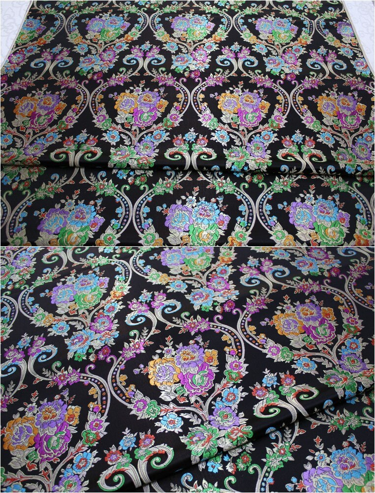 Tissu brocart à motifs floraux : 75 cm de large, style tibétain vintage, soie et rayonne