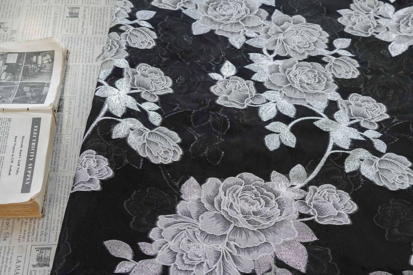 Black and white Peony Silver Thread Jacquard Semi-Sheer Fabric, 55"Wide
