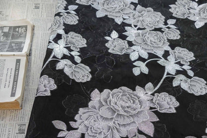 Black and white Peony Silver Thread Jacquard Semi-Sheer Fabric, 55"Wide