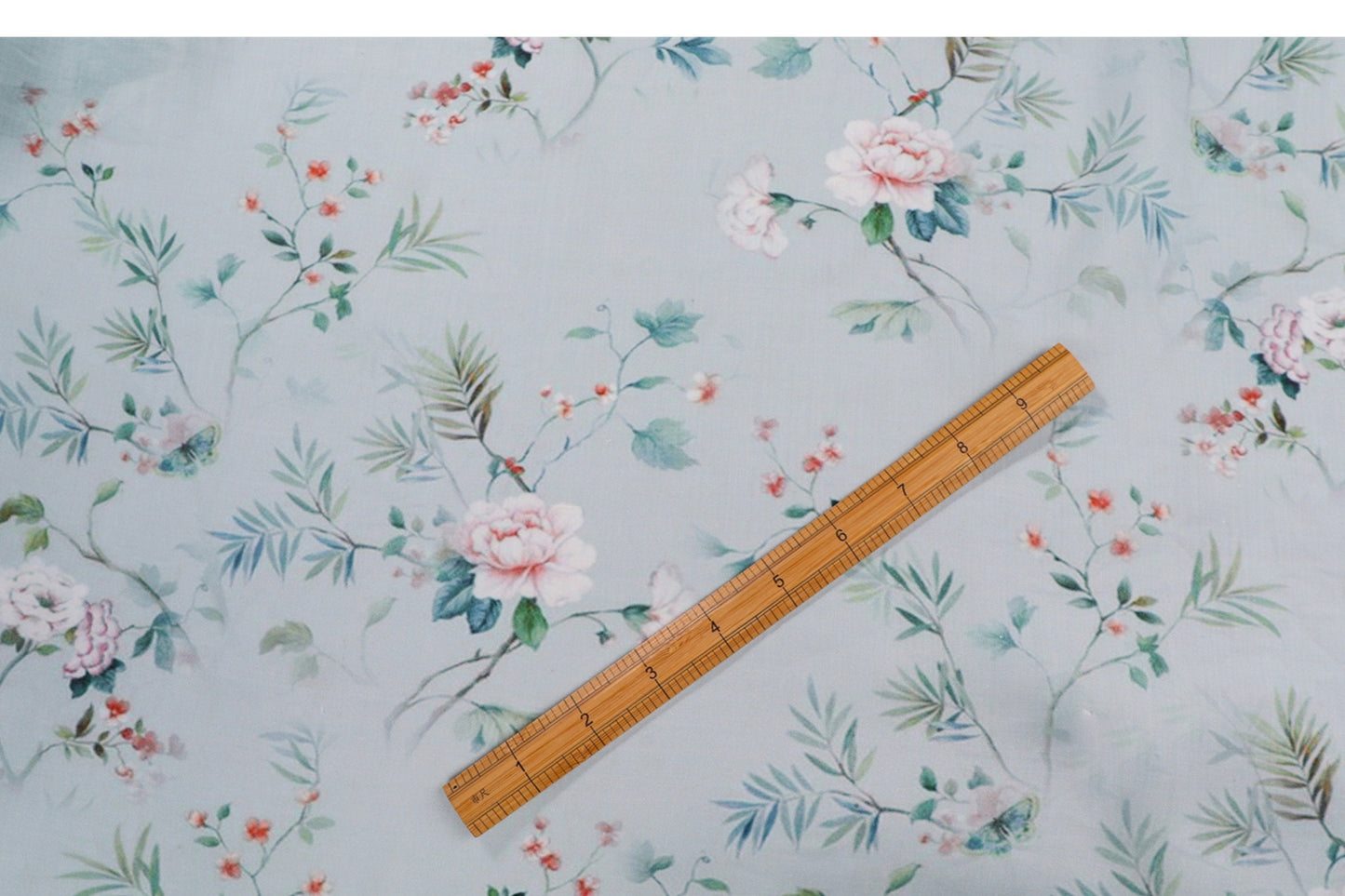 Floral Ramie Fabric: Light Blue Ink Print, 55" Wide, Natural Fiber