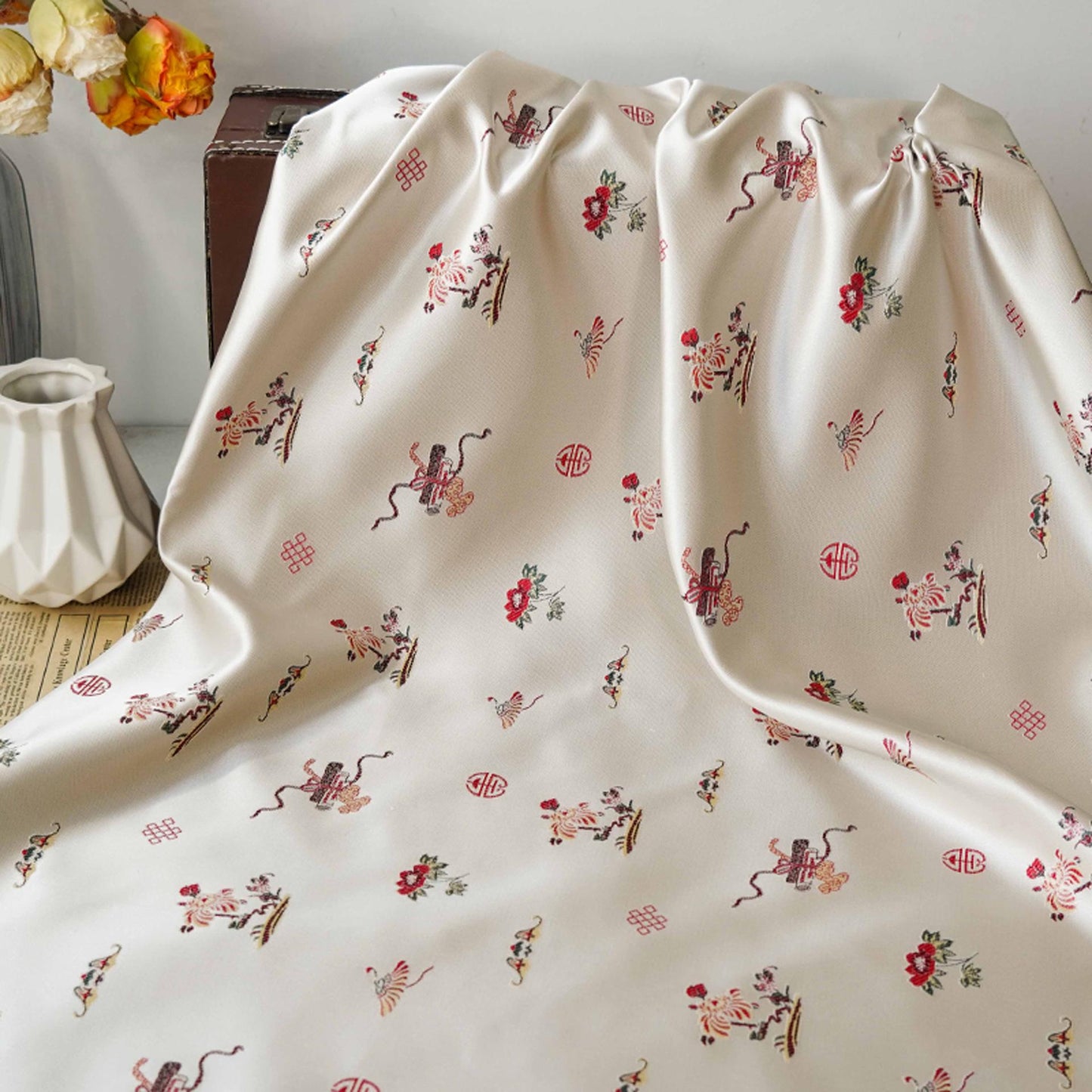 Chrysanthemum Silk Brocade Fabric: 66"W Chinese Cheongsam, Upholstery & Quilting