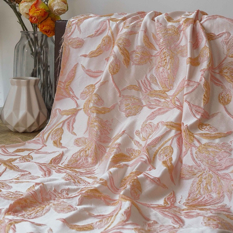 Gold Thread Jacquard Fabric: 3D Embossed Floral Woven Upholstery - 62"W