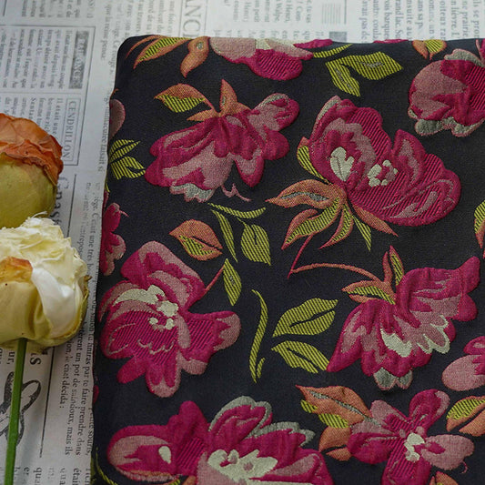 Embossed Floral Jacquard Fabric ��� Black & Pi" Wide