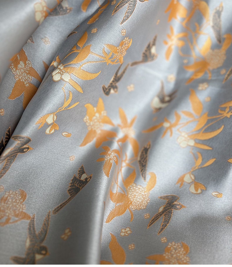 Song Brocade Fabric: 59"W Silk Rayon Damask with Bird Design