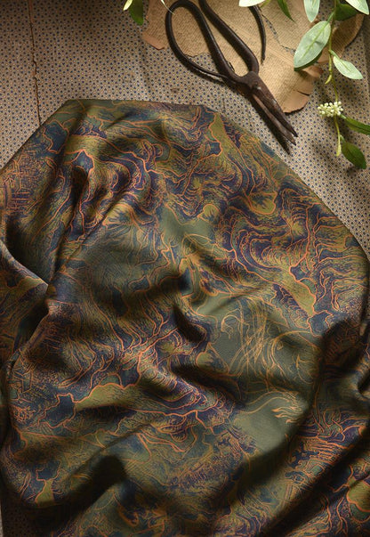Mountains Ink Painting Cotton Fabric: Drapery, Upholstery, Costume - 55"W