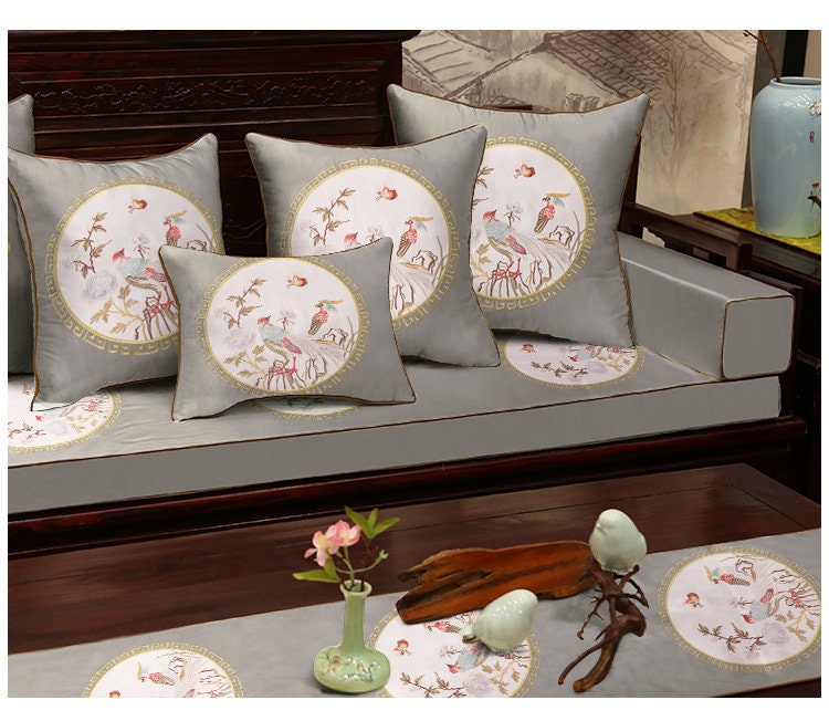 Embroidered Bird Brocade Fabric: Asian Style Cushion Cover, Upholstery (50x60cm)
