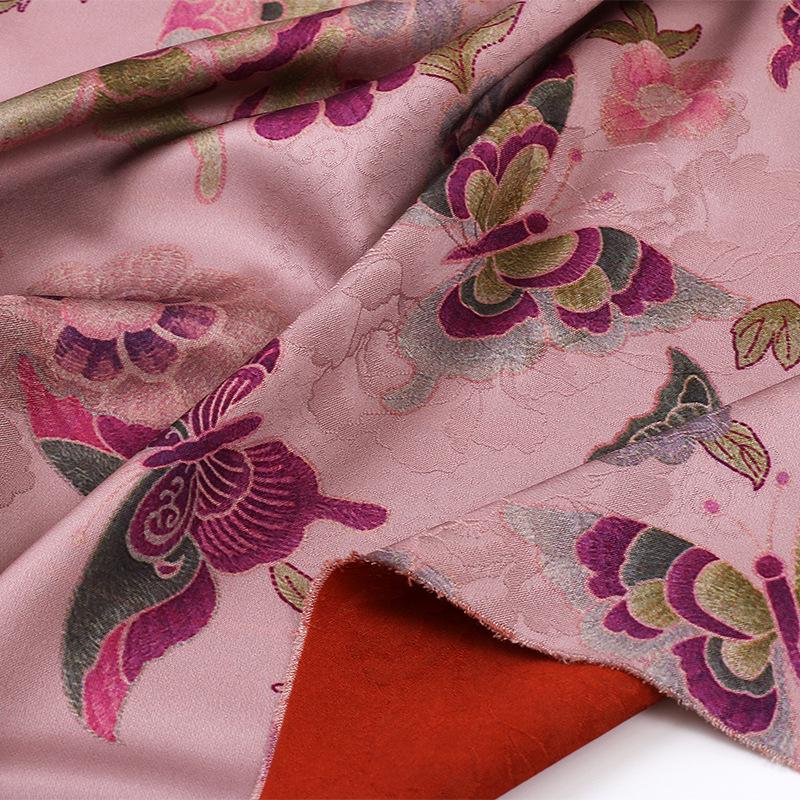 Floral Butterfly Print Fabric: Gambiered Canton Gauze Tea Silk, pink, orange, purple