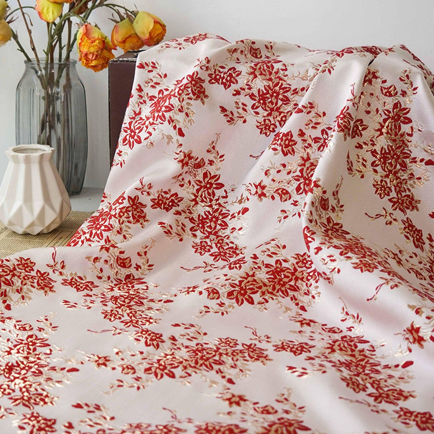 Gold Thread Floral Jacquard Fabric: 3D Oil Painting Texture, 55" Wide