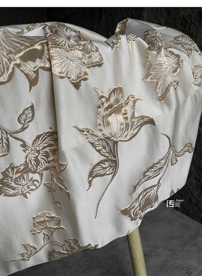 Champagne Magnolia Embroidered Jacquard Fabric: 57"W Floral Upholstery