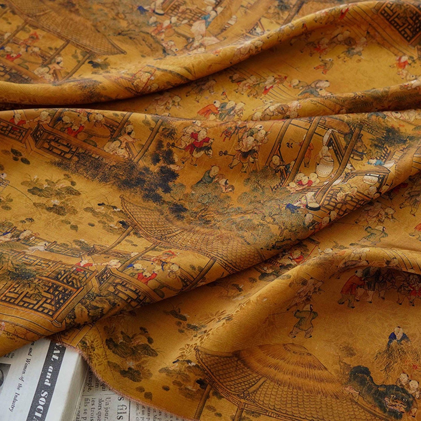 Children Playing Print Satin Fabric - 55"W Sewing & Upholstery