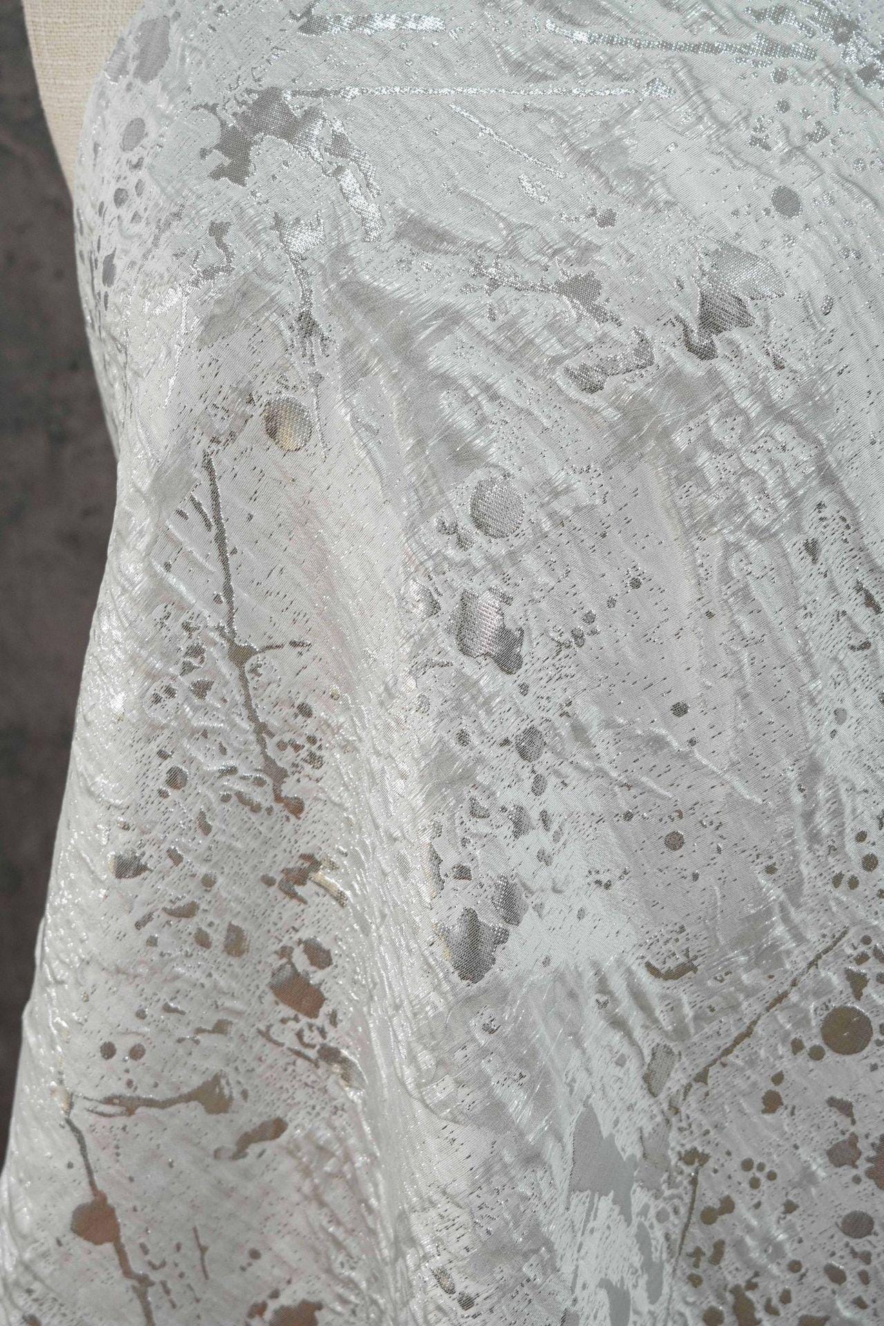 Abstract Splatter Jacquard Fabric: Silver White Embossed Upholstery Material (54" Wide)