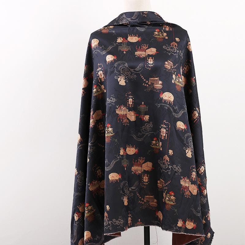 Ancient Ladies Tea Silk Satin Fabric: 59"W Digital Print Sewing Material