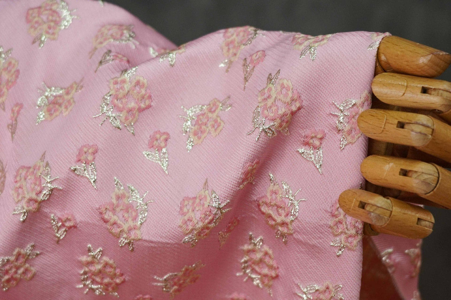 Pink Floral Jacquard Fabric: Gold Thread Brocade, Luxury Dressmaking Fabric