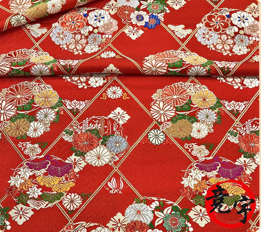 Nishijin Japanese Floral Brocade Fabric: Red Silk Rayon Jacquard