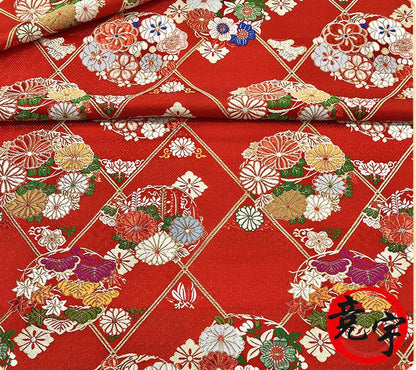 Nishijin Japanese Floral Brocade Fabric: Red Silk Rayon Jacquard