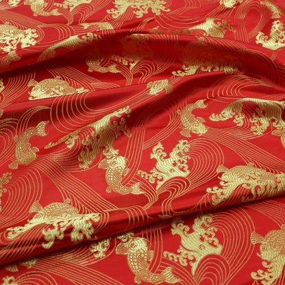 Golden Fish Silk Brocade Fabric: Red Cheongsam Fabric (29.5"W)