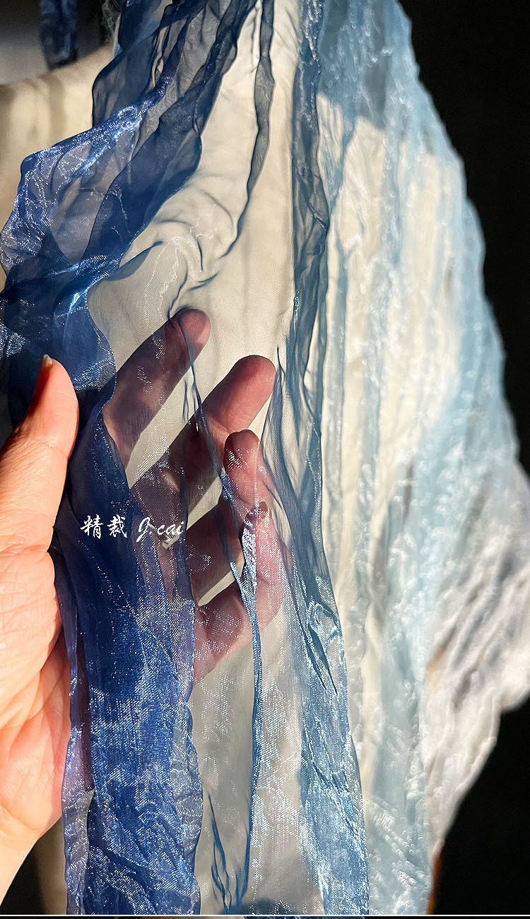 Blue Gradient Organza Fabric: Irregular Pleats, 55" Wide