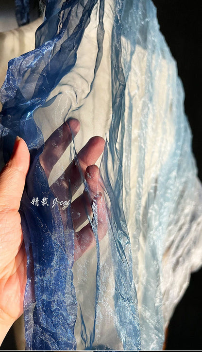 Blue Gradient Organza Fabric: Irregular Pleats, 55" Wide
