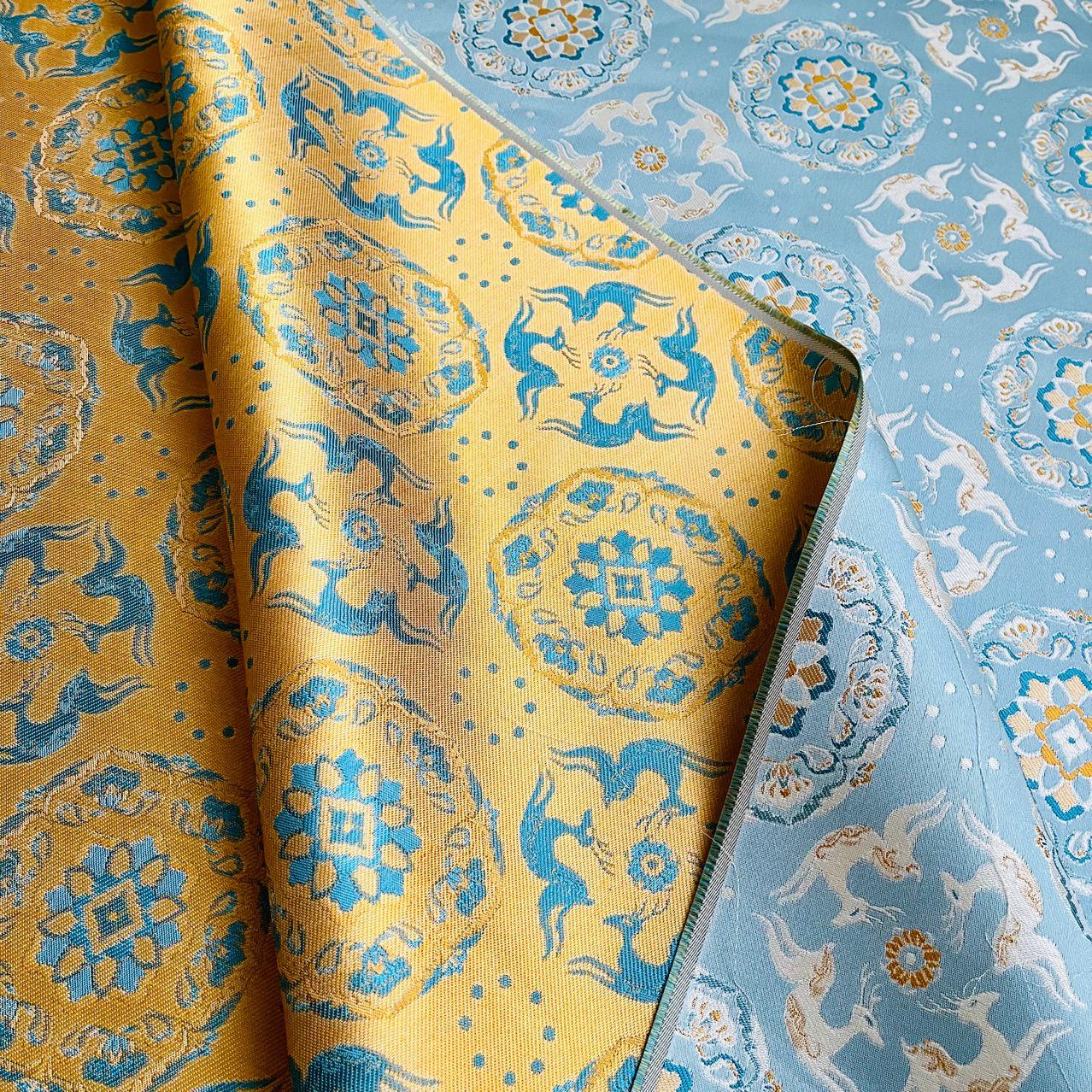 Blue Mongolian Brocade Fabric: 59" Wide, Tibetan Gown Sewing Fabric