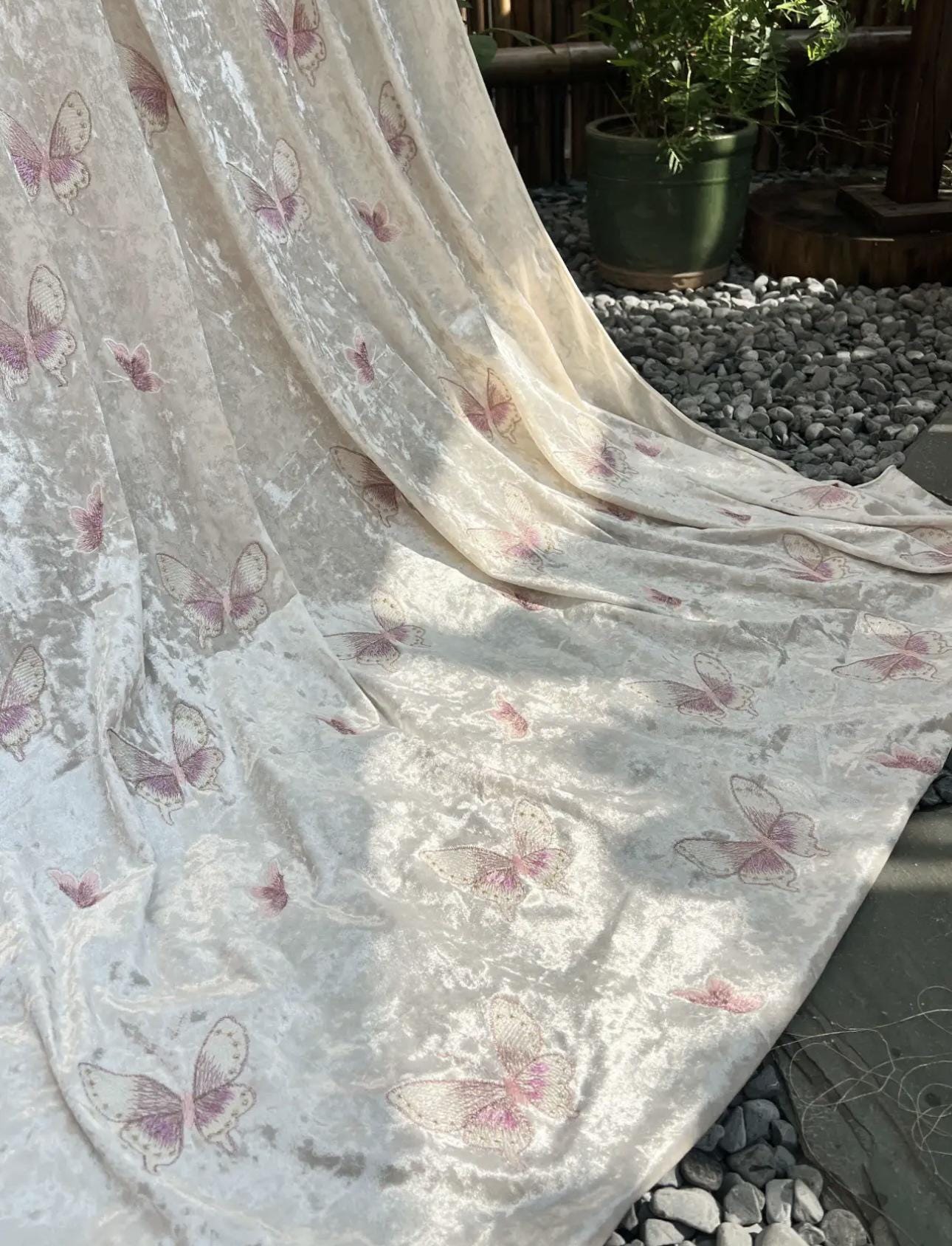 Embroidered Velvet Fabric: 43" Beaded Pillar Design, Designer Sewing Material