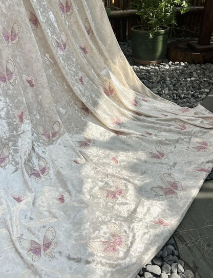 Embroidered Velvet Fabric: 43" Beaded Pillar Design, Designer Sewing Material