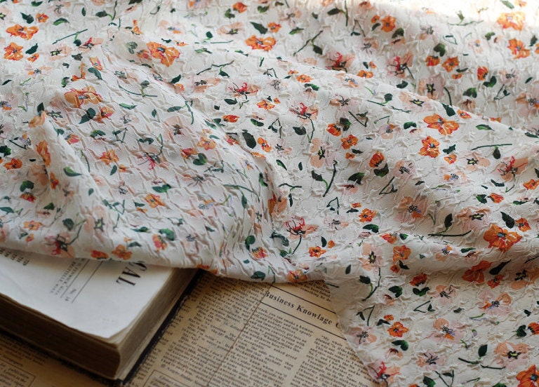 Floral Embossed Silk Chiffon Fabric: 53"W Bubble Crumpled Texture