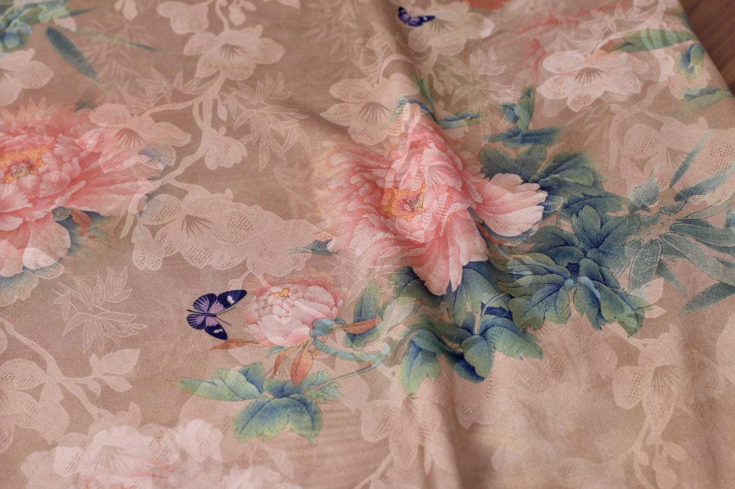 Floral Butterfly Print Fabric: Gambiered Canton Gauze Tea Silk