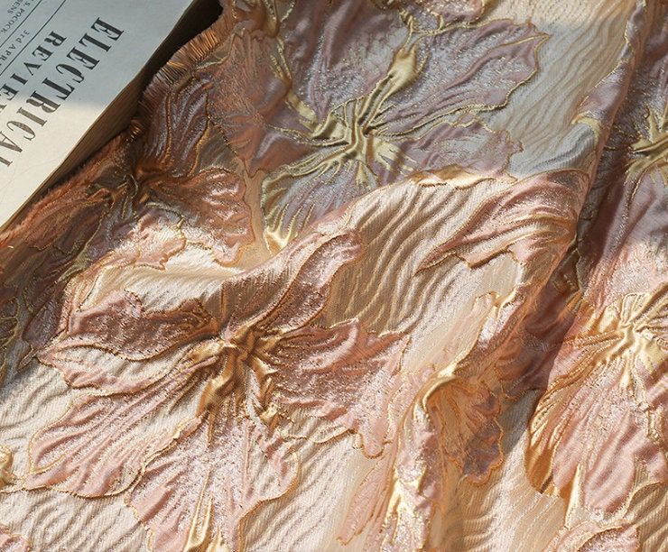 Gold Thread Floral Jacquard Fabric: 3D Oil Painting Texture, 55" Wide