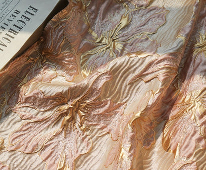 Gold Thread Floral Jacquard Fabric: 3D Oil Painting Texture, 55" Wide