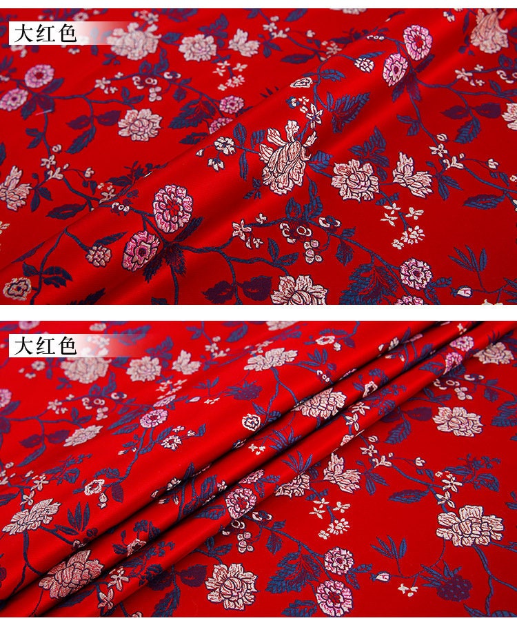 Floral Silk Brocade Fabric: Red Chinese Style Sewing Material