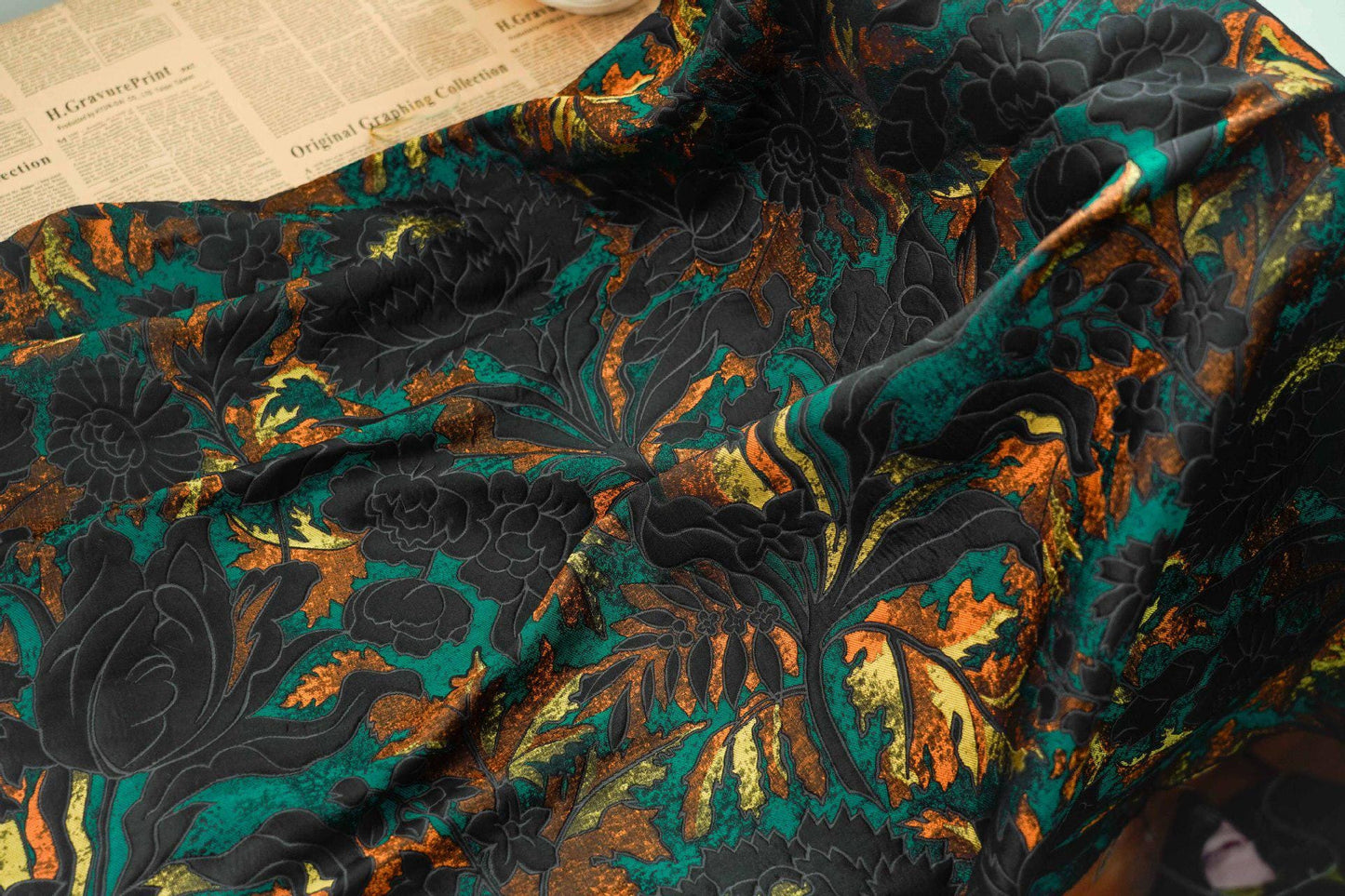 Gold Thread Jacquard Fabric: 3D Oil Painting Texture, 64" Wide